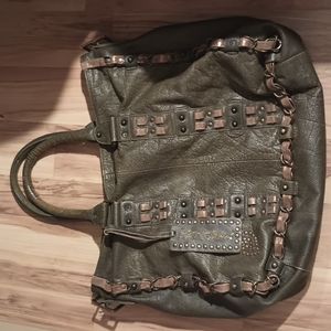 Betsey Johnson olive green w/ gold detail and stu leather purse 12" long 15"high